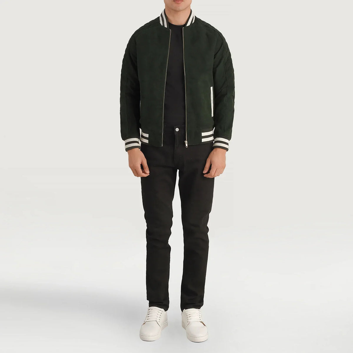 Pascal Green Suede Varsity Læderjakke til Mænd - Lateral Side Profile View Showing Sleeve Cut &amp; Athletic Taper Fit