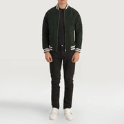 Pascal Green Suede Varsity Læderjakke til Mænd - Lateral Side Profile View Showing Sleeve Cut &amp; Athletic Taper Fit