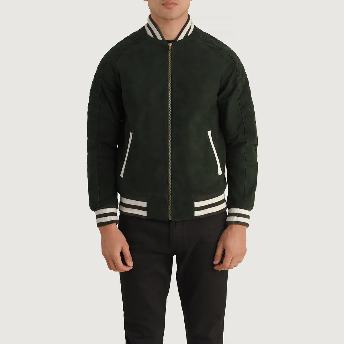 Close-Up Detail of Varsity collar &amp; Zipper Hardware on Pascal Green Suede Varsity Læderjakke til Mænd