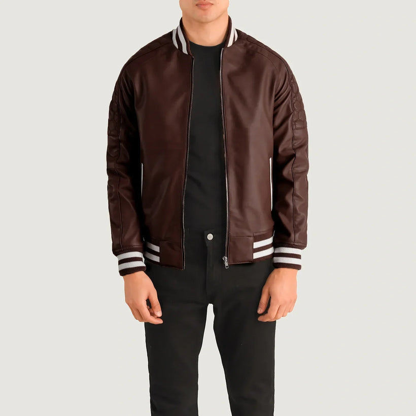 Pascal Maroon Leather Varsity Læderjakke til Mænd