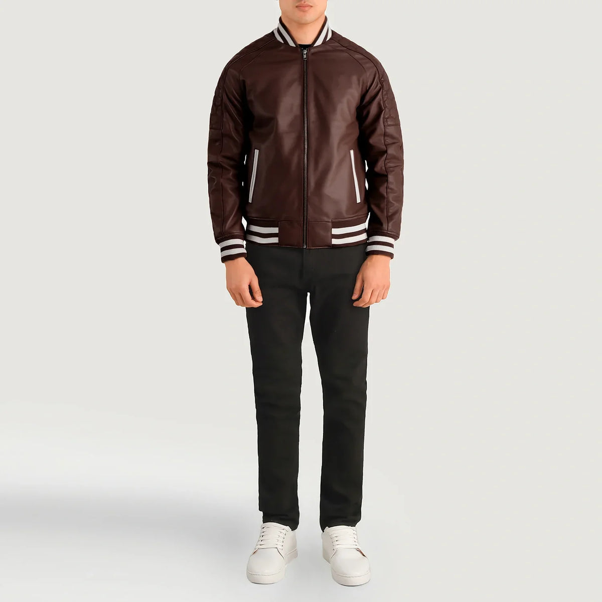 Pascal Maroon Leather Varsity Læderjakke til Mænd - Lateral Side Profile View Showing Sleeve Cut &amp; Athletic Taper Fit