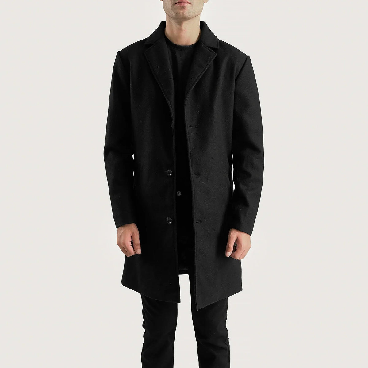 Petrillo Sort Wool Single Breasted Coat til Mænd in Black Synthetic Wool - Front Profile View &amp; Tailored Silhouette | Buy Online