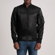 Quinton MA-1 Sort Læder Bomberjakke til Mænd in Black Satin - Front Profile View &amp; Tailored Silhouette | Buy Online