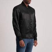 Black Satin Bomber Jacket - Back View Showing Tailored Shoulder Fit &amp; Clean Hemline