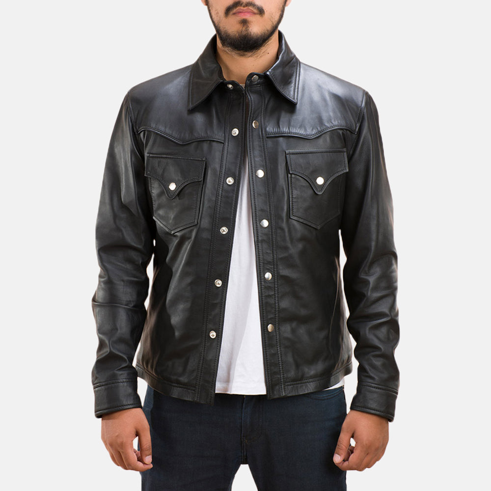 Men's Ranchson Sort Leather Shirt til Mænd in Black Sheepskin Leather - Front Profile View &amp; Tailored Silhouette | Buy Online