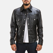 Men's Ranchson Sort Leather Shirt til Mænd in Black Sheepskin Leather - Front Profile View &amp; Tailored Silhouette | Buy Online