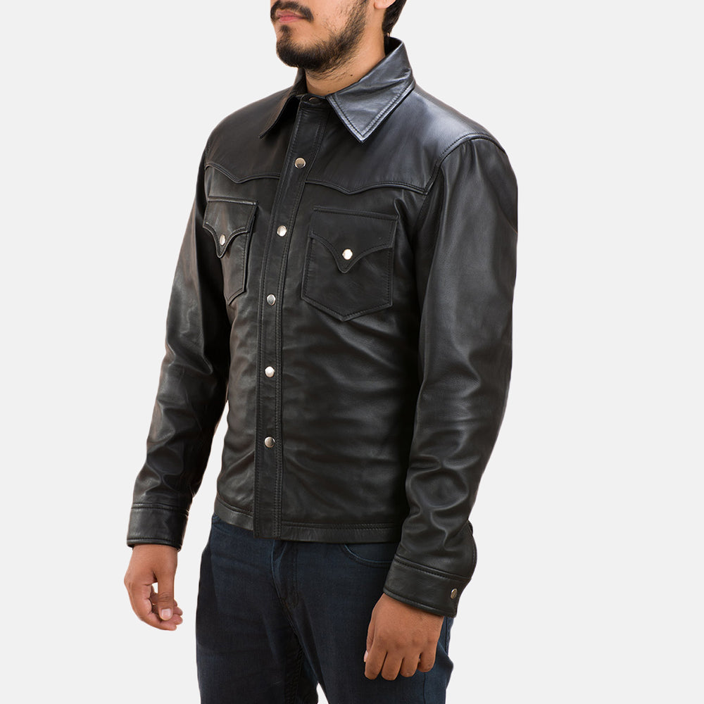 Men's Ranchson Sort Leather Shirt til Mænd - Lateral Side Profile View Showing Sleeve Cut &amp; Athletic Taper Fit
