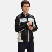 Randolf Silver Sort Læder Bikerjakke til Mænd in Black &amp; silver Sheepskin Leather - Front Profile View &amp; Tailored Silhouette | Buy Online