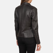 Close-Up Detail of Band with snap button &amp; Zipper Hardware on Women's Rave Brown Leather Biker Jacket