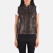
Nærbillede of Band & Zipper with Button Flap Hardware on Rayne Moto Brun Lædervest til Damer