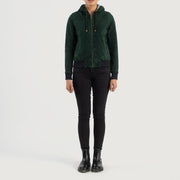 
Rebella Green Hooded Suede Bomber Jacket - Sideprofil med ergonomisk ærmesnit