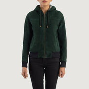 
Nærbillede of Hooded & Zipper Hardware on Rebella Green Hooded Suede Bomber Jacket