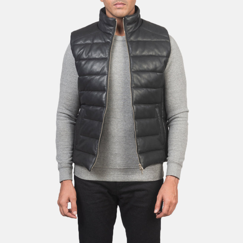 Reeves Sort Leather Puffer Vest til Mænd