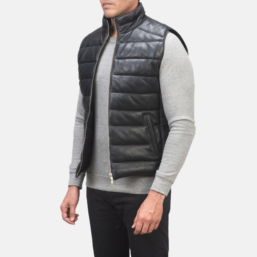 Reeves Sort Leather Puffer Vest til Mænd
