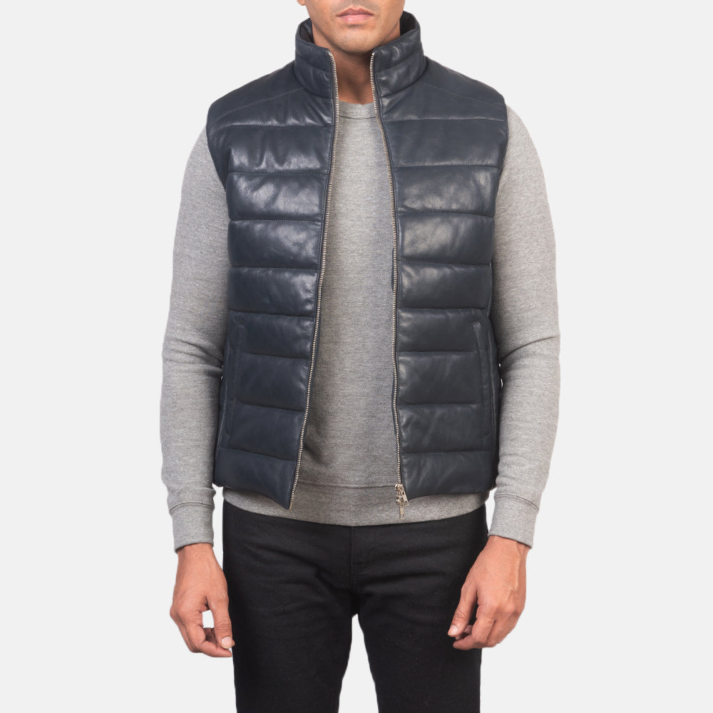 Men's Reeves Blue Leather Puffer Vest til Mænd in Blue Sheepskin Leather - Front Profile View &amp; Tailored Silhouette | Buy Online