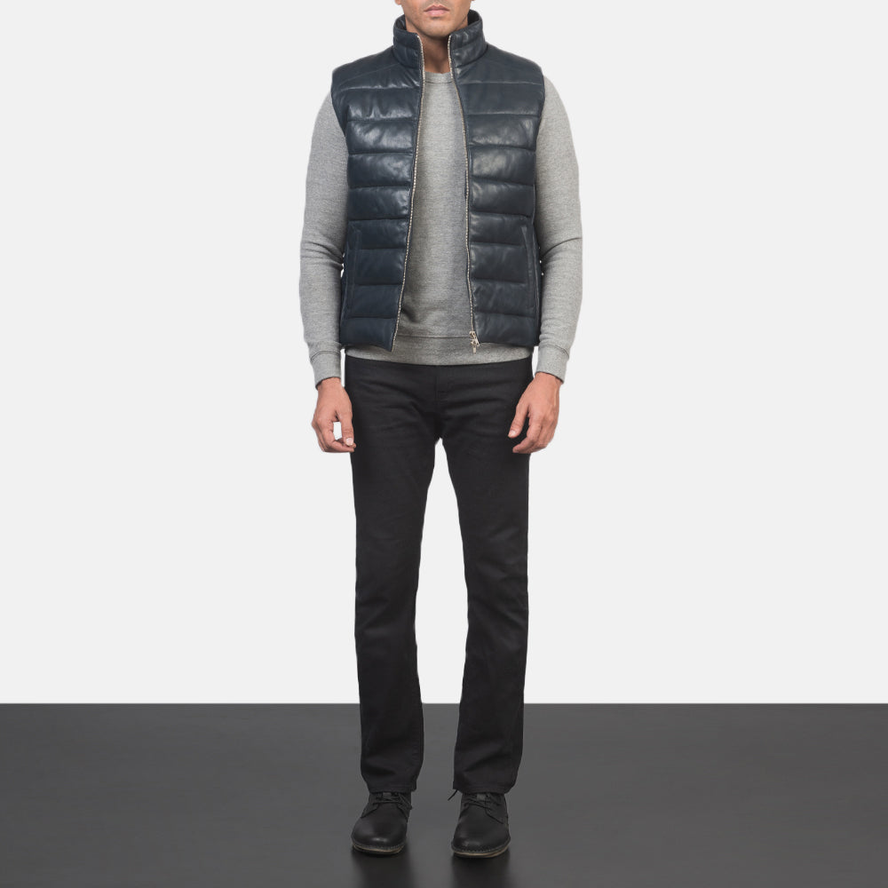 Men's Reeves Blue Leather Puffer Vest til Mænd - Lateral Side Profile View Showing Sleeve Cut &amp; Athletic Taper Fit