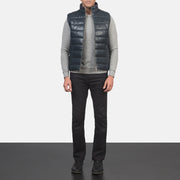 Men's Reeves Blue Leather Puffer Vest til Mænd - Lateral Side Profile View Showing Sleeve Cut &amp; Athletic Taper Fit