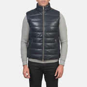 Close-Up Detail of Classic Collar &amp; Zipper with Dual Puller Hardware on Men's Reeves Blue Leather Puffer Vest til Mænd