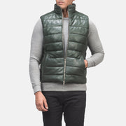 
Nærbillede of Classic Collar & Zipper with Dual Puller Hardware on Reeves Grøn Leather Vatteret vest til Mænd