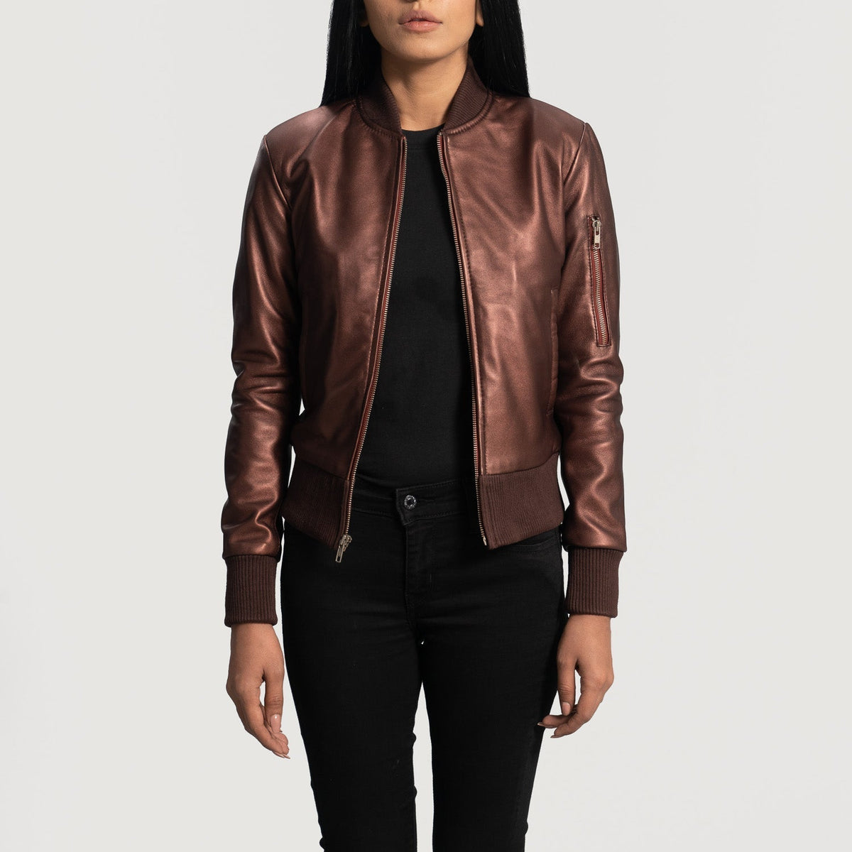 
Maroon Sheepskin Leather Bomber Jacket - Bagfra med tilpassede skuldre og ren kant