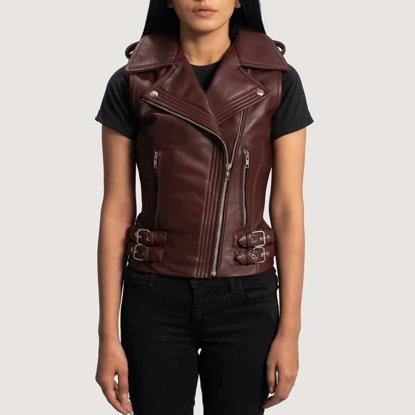 Rhonda Maroon Leather Biker Vest til Kvinder