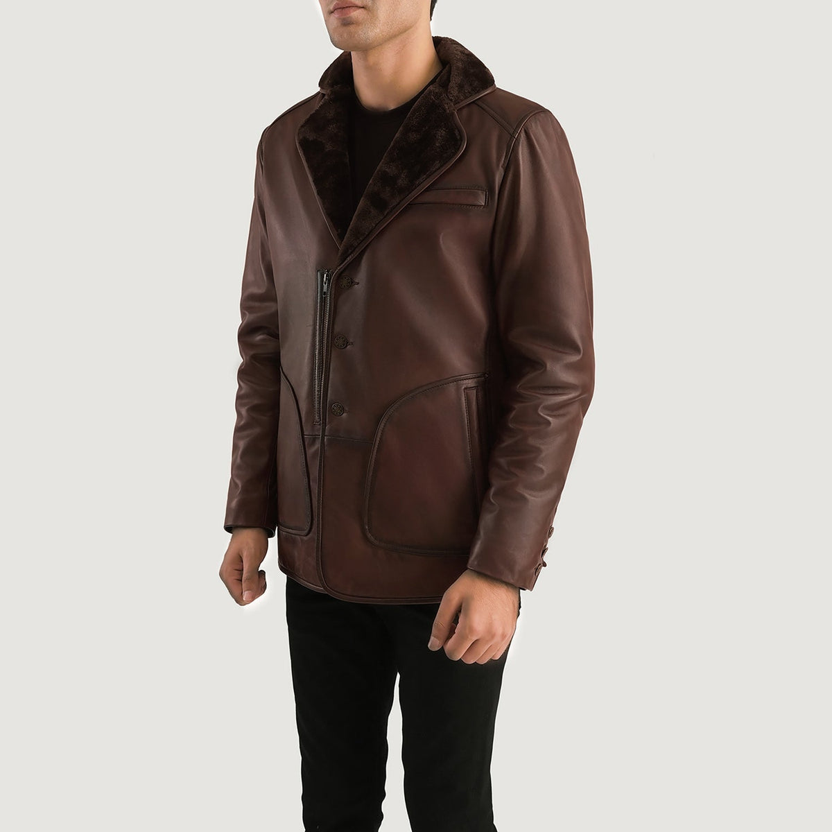 
Distressed Brown Sheepskin Burnishing Aviator Jacket - Bagfra med tilpassede skuldre og ren kant
