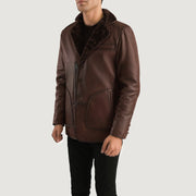 
Distressed Brown Sheepskin Burnishing Aviator Jacket - Bagfra med tilpassede skuldre og ren kant