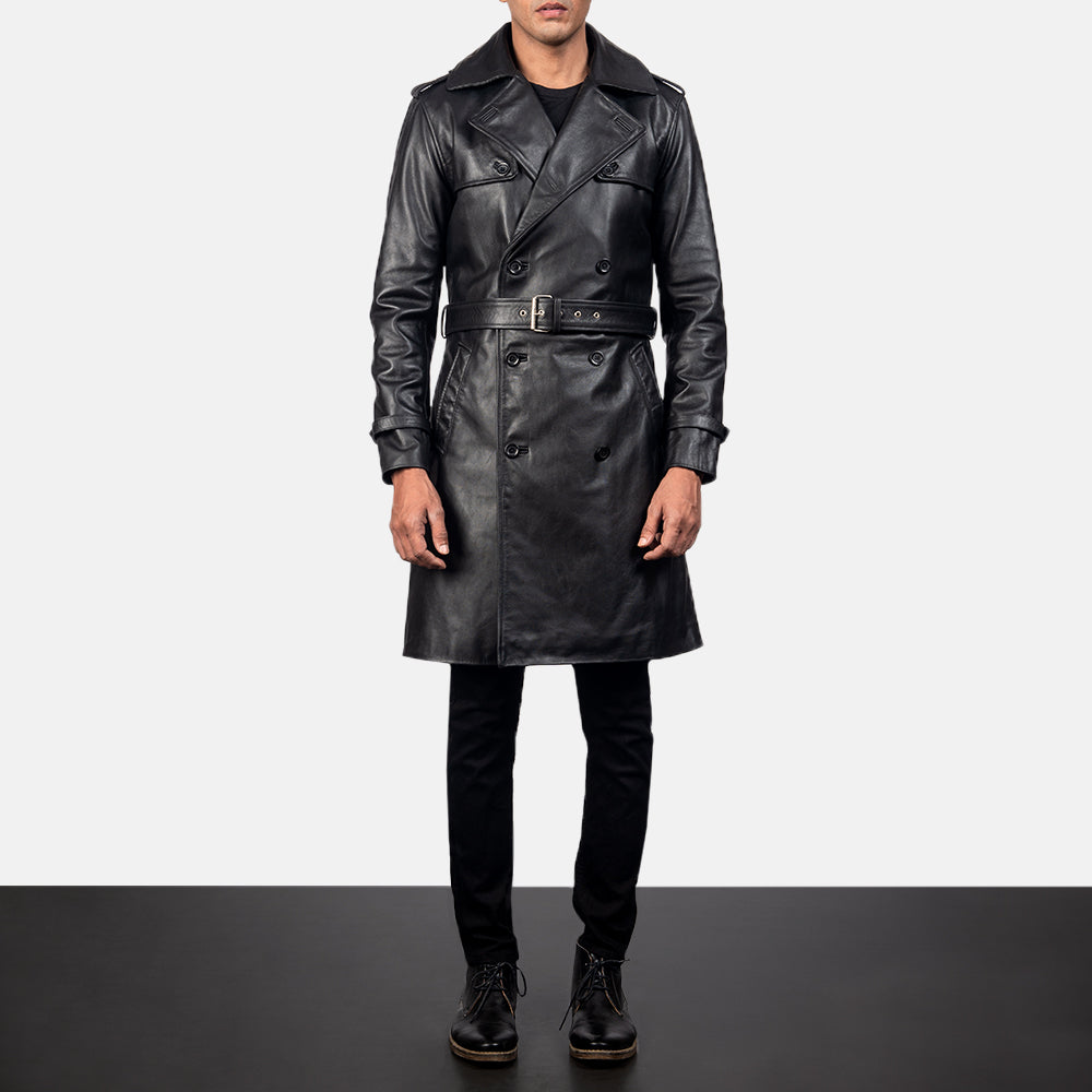 Men's Royson Sort Leather Duster Coat til Mænd in Black Cowhide Leather - Front Profile View &amp; Tailored Silhouette | Buy Online