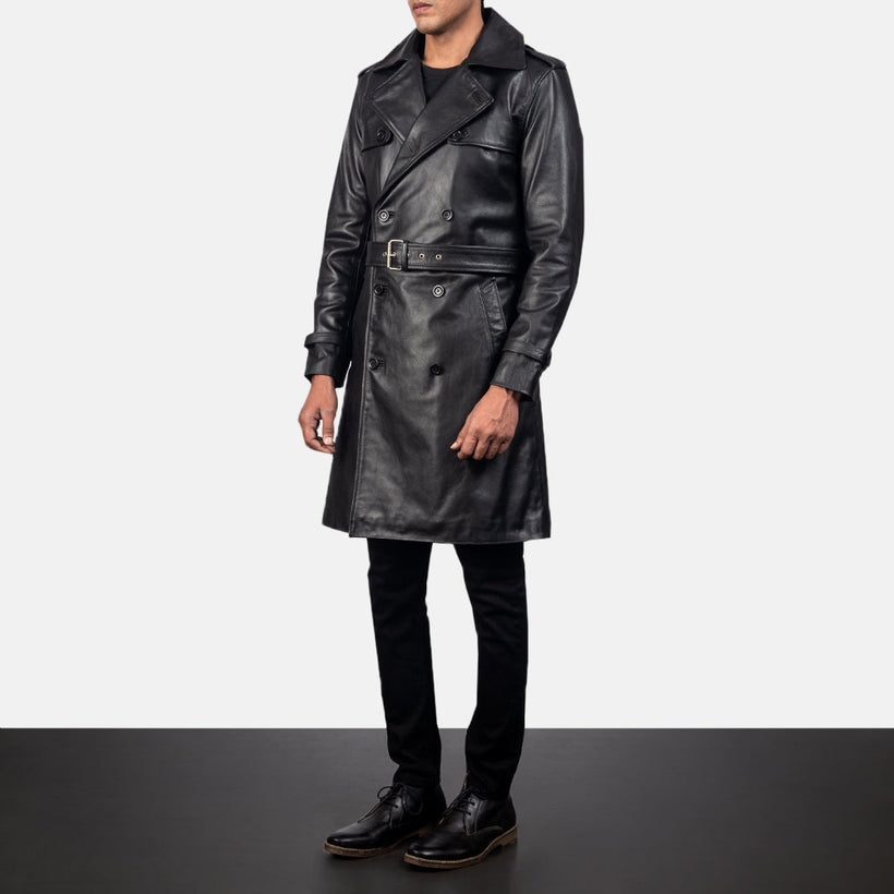 Royson Sort Leather Duster Læderfrakke til Mænd