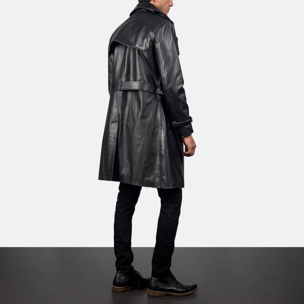 Men's Royson Sort Leather Duster Coat til Mænd - Lateral Side Profile View Showing Sleeve Cut &amp; Athletic Taper Fit
