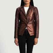 Women's Ruby Metallic Maroon Leather Blazer til Kvinder in Maroon Sheepskin Leather - Front Profile View &amp; Tailored Silhouette | Buy Online