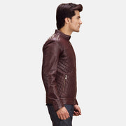 
Maroon Sheepskin Leather Biker Jacket - Bagfra med tilpassede skuldre og ren kant