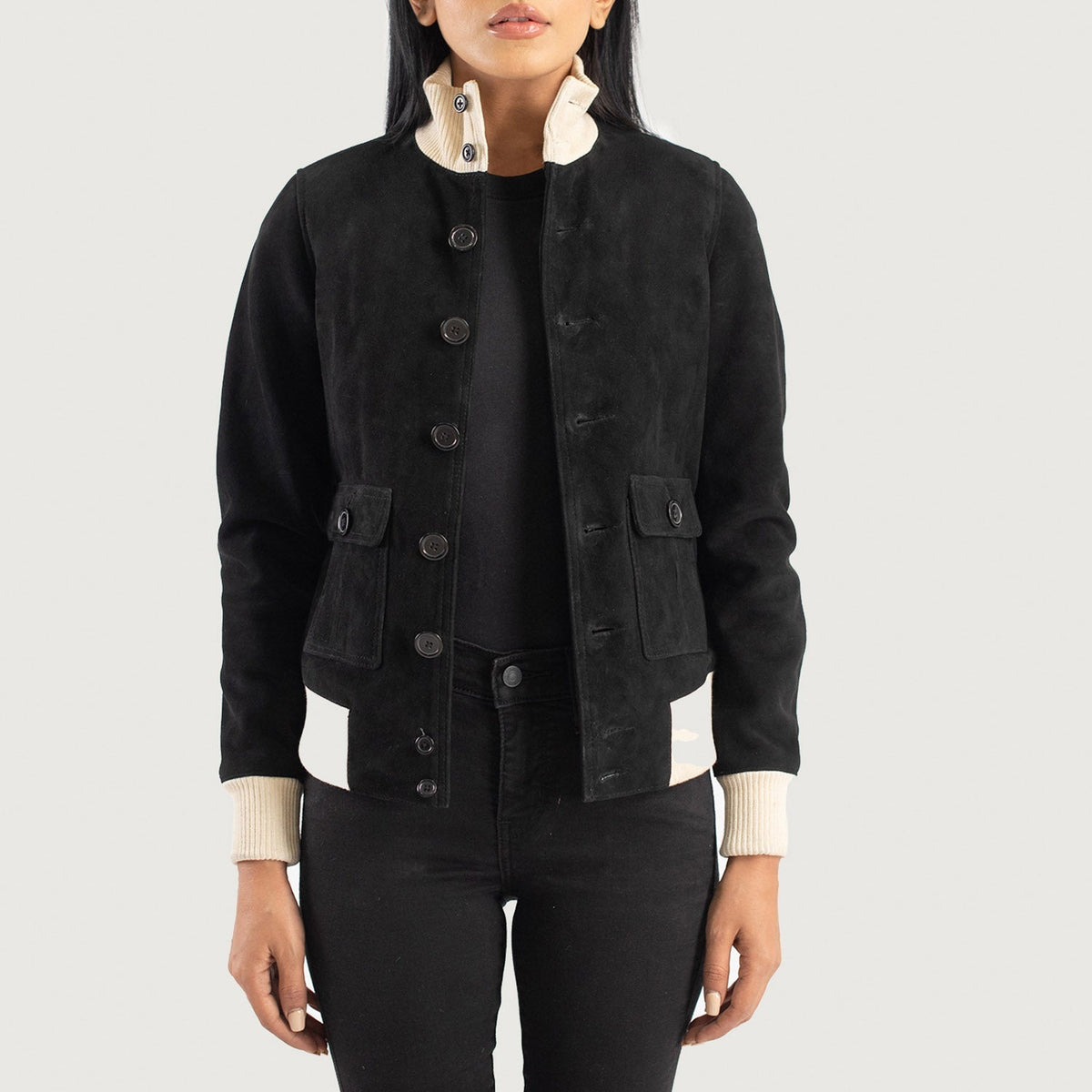 
Sasha A1 Black Suede Bomber Jacket in Black Goatskin Suede - Forfra med skræddersyet silhuet | Køb online