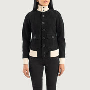 
Nærbillede of Knit Rib & Buttons Hardware on Sasha A1 Black Suede Bomber Jacket