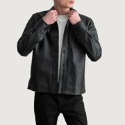 Scout Black Leather Shirt in Black Sheepskin Leather - Front Profile View & Tailored Silhouette | Buy Online