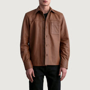 Scout Matte Brun Leather Shirt til Mænd in Matte Brown Cowhide Leather - Front Profile View &amp; Tailored Silhouette | Buy Online