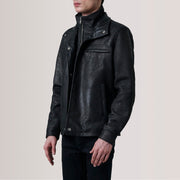 Sean Sort Snuffed Classic Læderjakke til Mænd For Men - Lateral Side Profile View Showing Sleeve Cut &amp; Athletic Taper Fit