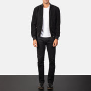 Men's Shane Sort Suede Læder Bomberjakke til Mænd - Lateral Side Profile View Showing Sleeve Cut &amp; Athletic Taper Fit