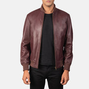 Men's Shane Maroon Læder Bomberjakke til Mænd in Maroon Sheepskin Leather - Front Profile View &amp; Tailored Silhouette | Buy Online