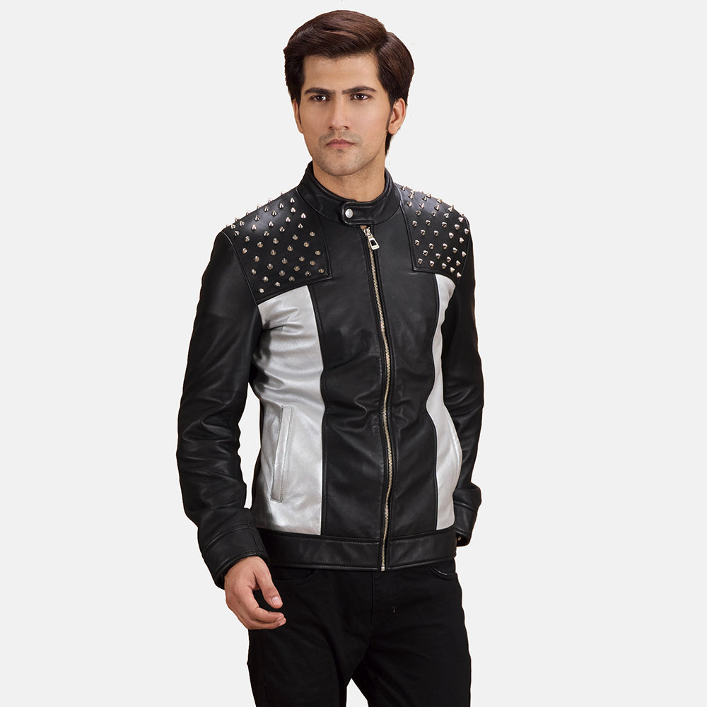 Shapron Studded Læder Bikerjakke til Mænd in Black Sheepskin Leather - Front Profile View &amp; Tailored Silhouette | Buy Online