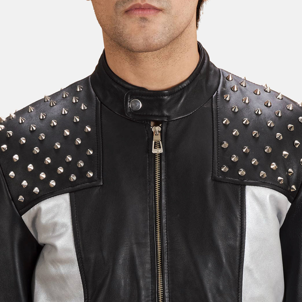 Close-Up Detail of Band with snap button &amp; Zipper Hardware on Shapron Studded Læder Bikerjakke til Mænd