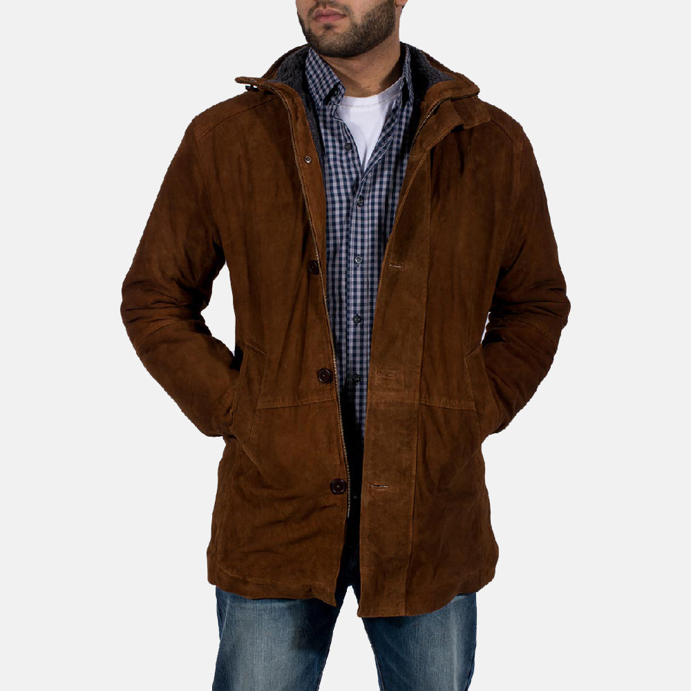 Men's Sheriff Brun Suede Læderjakke til Mænd in Brown Goatskin Suede - Front Profile View &amp; Tailored Silhouette | Buy Online
