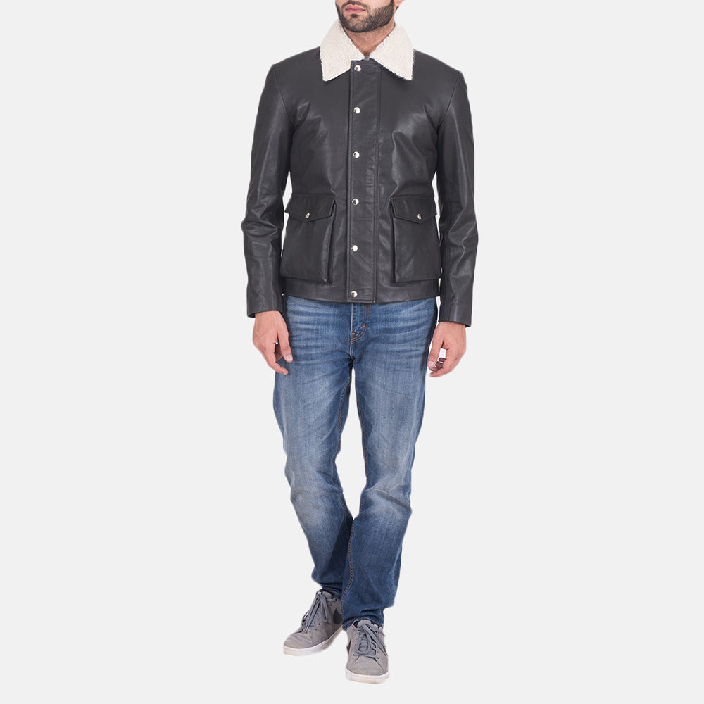 
Nærbillede of Shirt style Faux Shearling Collar & Zipper + Button Flap Hardware on Snow Cole Sort Læderjakke til Mænd