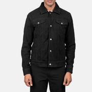 Close-Up Detail of Shirt &amp; Snap Button Hardware on Men's Stallon Black Suede Jacket