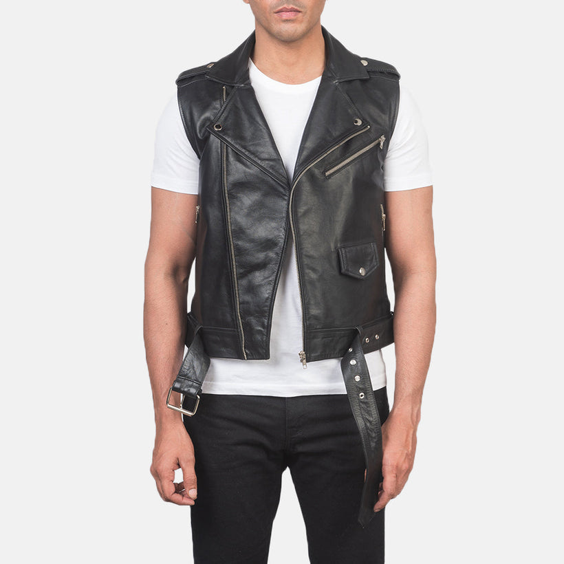 Sullivan Sort Leather Biker Vest til Mænd