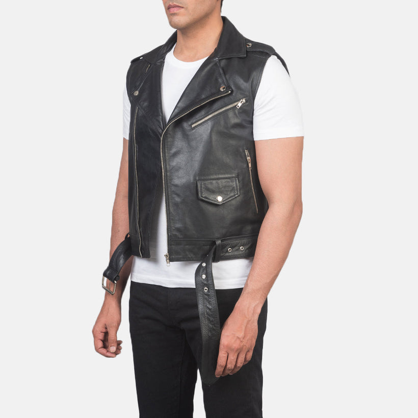 Sullivan Sort Leather Biker Vest til Mænd
