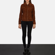 
Nærbillede af krave og lynlås på Suzy Brown Suede Trucker Jacket