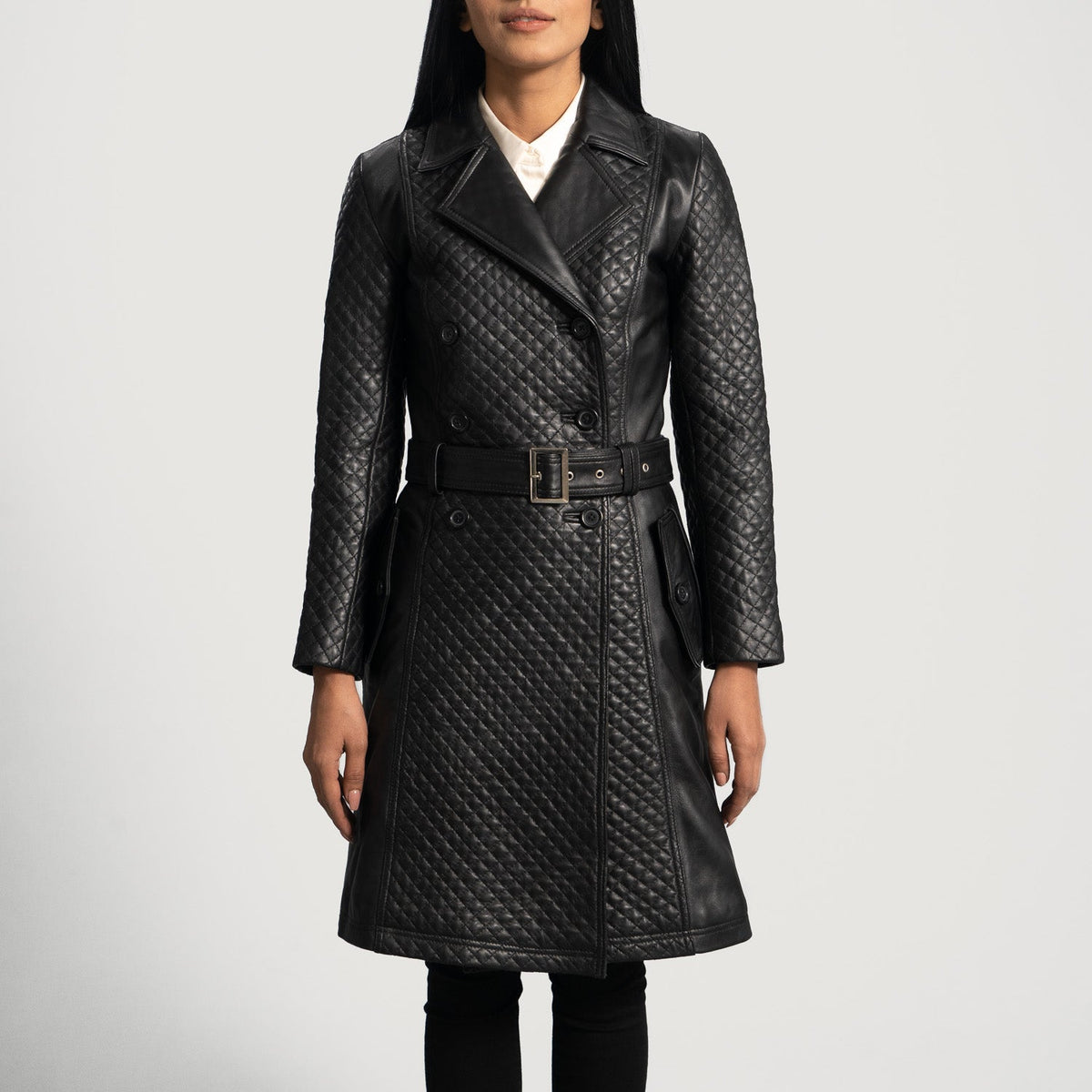 
Sweet Susan Sort Trenchcoat i Læder til Damer in Black Sheepskin Leather - Forfra med skræddersyet silhuet | Køb online
