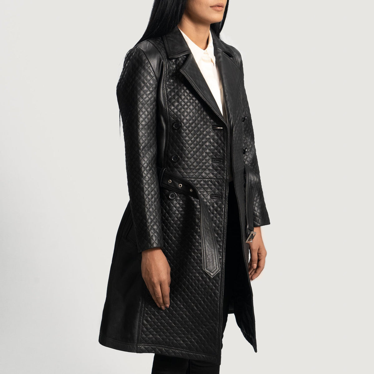 
Black Sheepskin Leather Trench Coat - Bagfra med tilpassede skuldre og ren kant