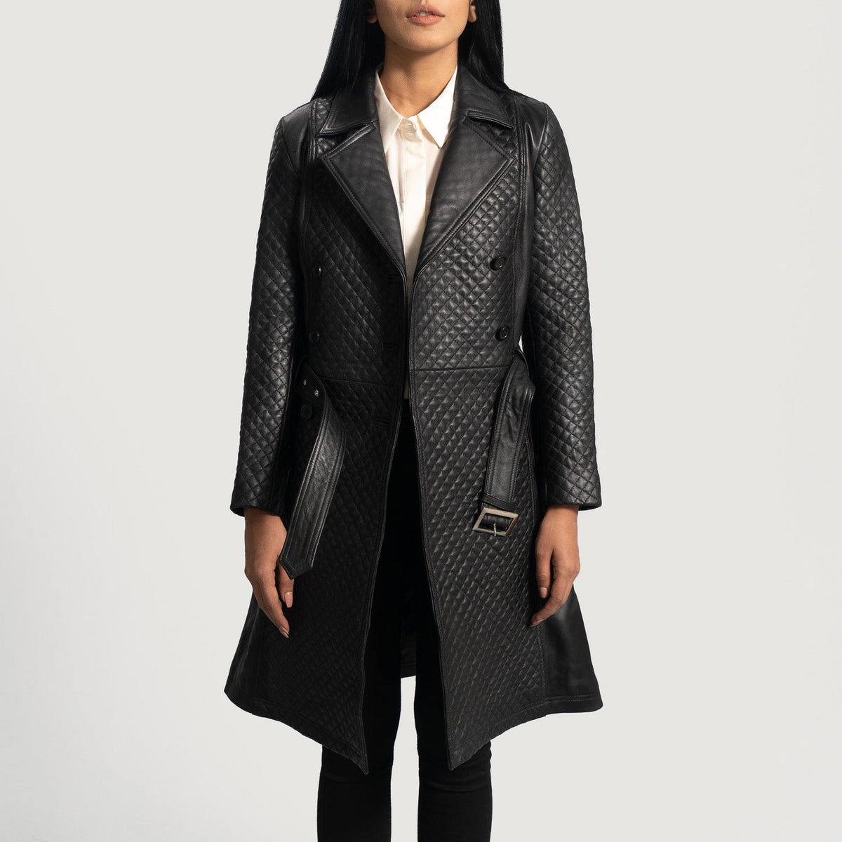 
Nærbillede of Notch & Button & waist belt Hardware on Sweet Susan Sort Trenchcoat i Læder til Damer
